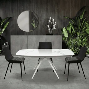 MASA OVALA EXTENSIBILA -STICLA CERAMICA CU PICIOR METALIC - ALB