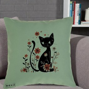 Perna Decorativa Pisica Neagra Flori Roz si Inimi, 40x40 cm, Verde, Husa Detasabila, Perna Inclusa, BEKZ®