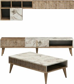 Mobilier living MILAN, alb cu efect de marmura/nuc, PAL melaminat, 3 p