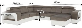 colţar în formă de U, piele ecologică albă/material textil maro, model dreapta, KAMELIA