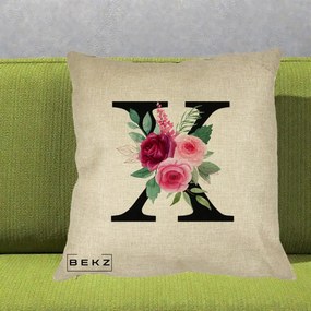 Cadou Personalizat - Perna Personalizata Monograma Florala Litera X cu Buchet, 40x40 cm, Crem, Husa Detasabila, Perna Inclusa, BEKZ®