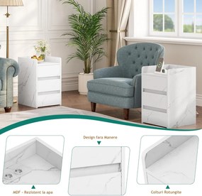 NOA64 - Set 2 Noptiere albe 35 cm, cu 3 sertare Priza si USB, dormitor - Alb Imitatie de Marmura