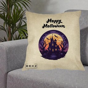 Perna Decorativa Happy Halloween Casa Bantuita Violet, 40x40 cm, Crem, Husa Detasabila, Perna Inclusa, BEKZ®