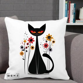 Perna Decorativa Pisica Neagra Ochi Rosii Flori, 40x40 cm, Alba Mata, Husa Detasabila, Perna Inclusa, BEKZ®
