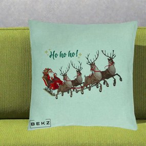 Perna Decorativa Ho Ho Ho Mos Craciun cu Sanie si Reni, 40x40 cm, Verde Menta, Husa Detasabila, Perna Inclusa, BEKZ®
