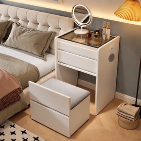 EVORA – Masă de machiaj 3 în 1 - Oglindă LED, boxa Bluetooth, blat din sticlă, prize, USB-A + Type-C și spații de depozitare, taburet integrat, Alb
