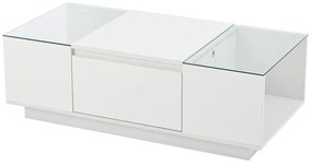 Masă de cafea cu spațiu de depozitare, iluminare ambientală LED, blat din sticlă și 2 sertare, 105x50x35 cm, Alb