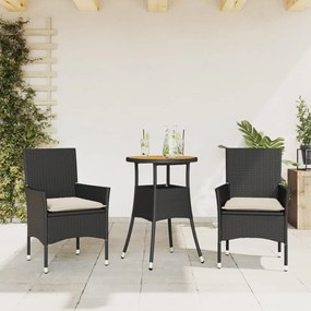 3278727 vidaXL Set mobilier grădină perne 3 piese negru poliratan/lemn acacia