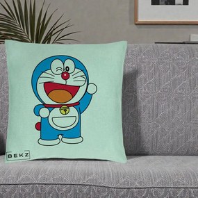 Perna Personalizata Doraemon Salutand, 40x40 cm, Verde Menta, Husa Detasabila, Perna Inclusa, BEKZ®