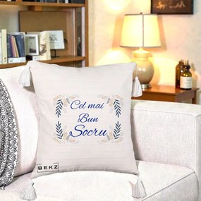 Cadou pentru Socru - Perna Personalizata Cel mai Bun Socru cu Ramuri Frunze Albastre si Aurii, 40x40 cm, Bej cu Franjuri, Husa Detasabila, Perna Inclusa, BEKZ®
