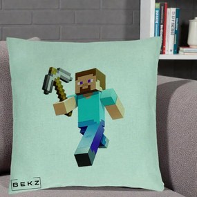 Perna Personalizata Minecraft Steve cu Tarnacop, 40x40 cm, Verde Menta, Husa Detasabila, Perna Inclusa, BEKZ®
