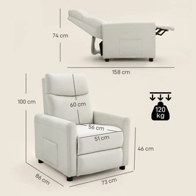 HOMCOM Fotoliu Reclinabil 135° max în Material cu Efect de In, Spumă, Oțel și Lemn, 73x86x100 cm, Crem | Aosom Romania