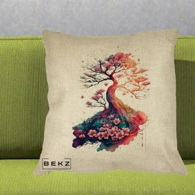 Perna Decorativa Copac Sakura Acuarela Fantasy, 40x40 cm, Crem, Husa Detasabila, Perna Inclusa, BEKZ®