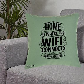 Perna Decorativa Home Is Where WiFi Connects, 40x40 cm, Verde, Husa Detasabila, Perna Inclusa, BEKZ®
