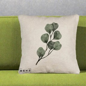 Perna Decorativa Ramura Eucalipt Acuarela, 40x40 cm, Bej Canapea, Husa Detasabila, Perna Inclusa, BEKZ®
