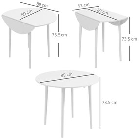 HOMCOM Masă de sufragerie pliabilă 2 abătătoare, masă rotundă extensibilă pentru 4 persoane, picioare din lemn Ø 89 x 73,5 cm, alb | Aosom Romania
