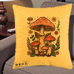 Perna Decorativa Ciuperci Vintage Floral, 40x40 cm, Galben, Husa Detasabila, Perna Inclusa, BEKZ®