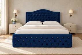 Pat tapițat Chesterfield din catifea Solaria Deluxe Cristal 160×200 cm, bleumarin, cu ladă de depozitare