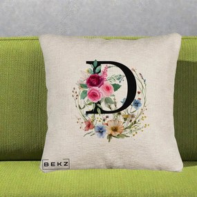 Cadou Personalizat - Perna Personalizata Monogram Litera D cu Flori Acuarela, 40x40 cm, Bej Canapea, Husa Detasabila, Perna Inclusa, BEKZ®