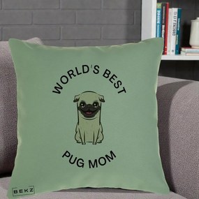 Cadou pentru Iubitorii de Caini - Perna Personalizata World's Best Pug Mom, 40x40 cm, Verde, Husa Detasabila, Perna Inclusa, BEKZ®