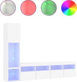 vidaXL Unități de perete TV cu LED-uri, 4 piese, alb, lemn prelucrat