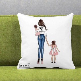 Cadou pentru Mama - Perna Personalizata Mom of Girls Mama cu Fetele, 40x40 cm, Alba Mata, Husa Detasabila, Perna Inclusa, BEKZ®