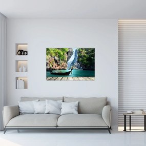 Tablou - Apă peisaj mediteranean cu barca (90x60 cm)