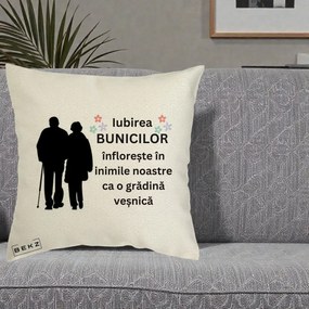 Cadou pentru Bunici - Perna Personalizata Bunicii Iubirea Infloreste Silueta Neagra Flori, 40x40 cm, Ecru, Husa Detasabila, Perna Inclusa, BEKZ®