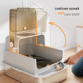 Litieră pentru Pisici PawHut XXL din Oțel Inoxidabil cu Capac Rabatabil la 90° Gri | Aosom Romania