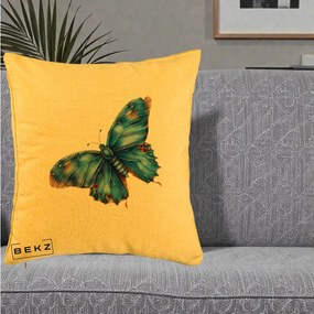 Perna Decorativa Fluture Albastru Satin cu Pete Aurii, 40x40 cm, Galben, Husa Detasabila, Perna Inclusa, BEKZ®