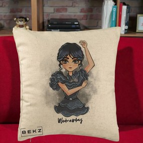 Perna Personalizata Wednesday Addams Dancing Queen, 40x40 cm, Bej, Husa Detasabila, Perna Inclusa, BEKZ®