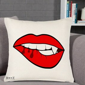 Perna Decorativa Vampire Lips Halloween, 40x40 cm, Crem Reliefat, Husa Detasabila, Perna Inclusa, BEKZ®