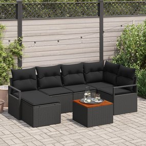 vidaXL Set de canapele de grădină cu 7 piese, perne incluse, din ratan poliester negru și acacia.