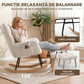 HOMCOM Fotoliu Balansoar din Sherpa cu Taburet, Buzunare Laterale, Șezut Gros, Design Matlasat, Crem | Aosom Romania