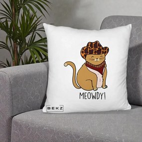 Perna Decorativa Pisica Cowboy Meowdy, 40x40 cm, Alb Pufos, Husa Detasabila, Perna Inclusa, BEKZ®