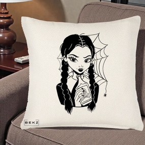 Perna Personalizata Wednesday cu Panza de Paianjen, 40x40 cm, Crem Reliefat, Husa Detasabila, Perna Inclusa, BEKZ®