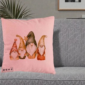 Perna Decorativa Gnomi de Craciun Patru, 40x40 cm, Roz, Husa Detasabila, Perna Inclusa, BEKZ®