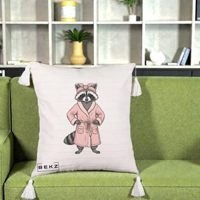 Perna Decorativa Albinuta Kawaii Vesela, 40x40 cm, Bej cu Franjuri, Husa Detasabila, Perna Inclusa, BEKZ®