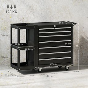 HOMCOM Cărucior pentru Unelte din Oțel cu 7 Sertare, Poliță Laterală Detașabilă, Roți, Capacitate 120kg, Negru | Aosom Romania