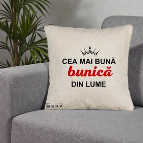 Cadou pentru Bunica - Perna Personalizata Cea Mai Buna Bunica Din Lume Coroana Neagra, 40x40 cm, Bej Canapea, Husa Detasabila, Perna Inclusa, BEKZ®