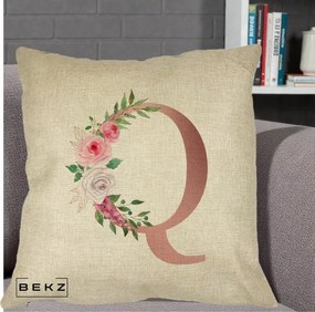 Cadou Personalizat - Perna Personalizata Monograma Rose Gold Litera Q, 40x40 cm, Crem, Husa Detasabila, Perna Inclusa, BEKZ®