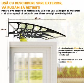 Outsunny Acoperiș din Policarbonat și Aluminiu pentru Balcoane, Ferestre și Uși, Pensilină Exterioară cu Suport din PP, 303x96x27 cm, Transparent