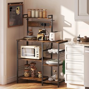 HOMCOM Raft pentru bucătărie, raft independent cu 2 prize, 5 cârlige S, 5 polițe, coș, bare în X, oțel 90 x 42 x 130 cm | Aosom Romania