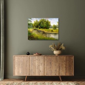 Tablou pe sticlă - Râu lângă pădure, pictură în ulei (70x50 cm)