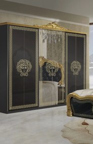 Dormitor Vilma, culoare negru / auriu, cu pat tapitat 160 x 200 cm, dulap cu 6 usi si oglinda, comoda, 2 noptiere (saltea si somiera incluse)