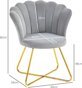 HOMCOM Fotoliu tip scoică scaun pentru toaletă fotoliu din catifea fotoliu pentru living cu picioare din oțel 69 x 64 x 80 cm gri | Aosom Romania
