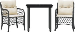vidaXL Set bistro cu perne, 3 piese, negru, poliratan