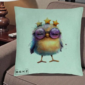 Perna Decorativa Pui Pop Star cu Ochelari Stele Violet, 40x40 cm, Verde Menta, Husa Detasabila, Perna Inclusa, BEKZ®