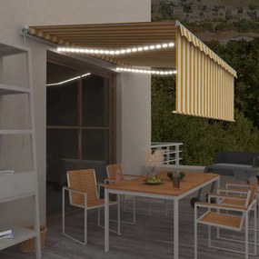 vidaXL Copertină retractabilă manual cu stor&amp;LED, galben&amp;alb, 4x3 m