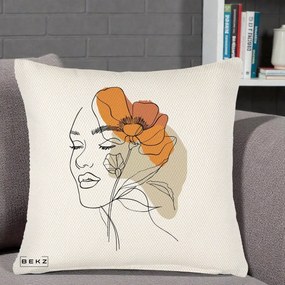 Perna Decorativa Portret Feminin Mac Mare Portocaliu, 40x40 cm, Crem Reliefat, Husa Detasabila, Perna Inclusa, BEKZ®